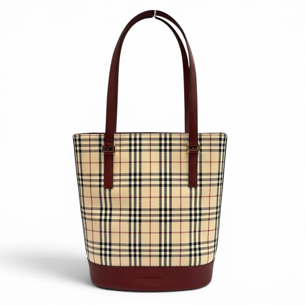 BURBERRY Vintage Logo Nova Check Pattern Leather Tote Bag in Beige and Bordea...